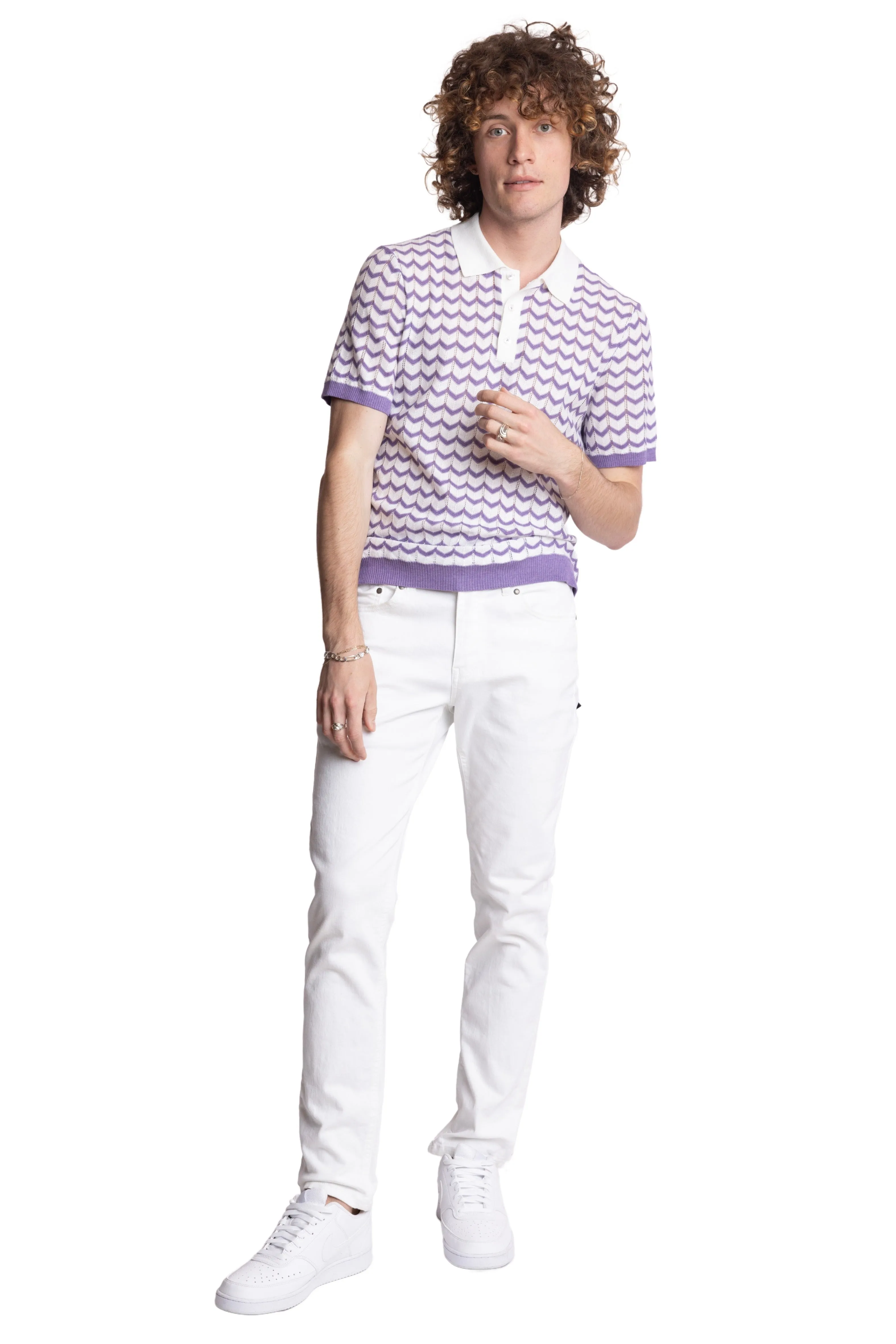 3 Button Chevron Polo - White & Lilac Zig Zag