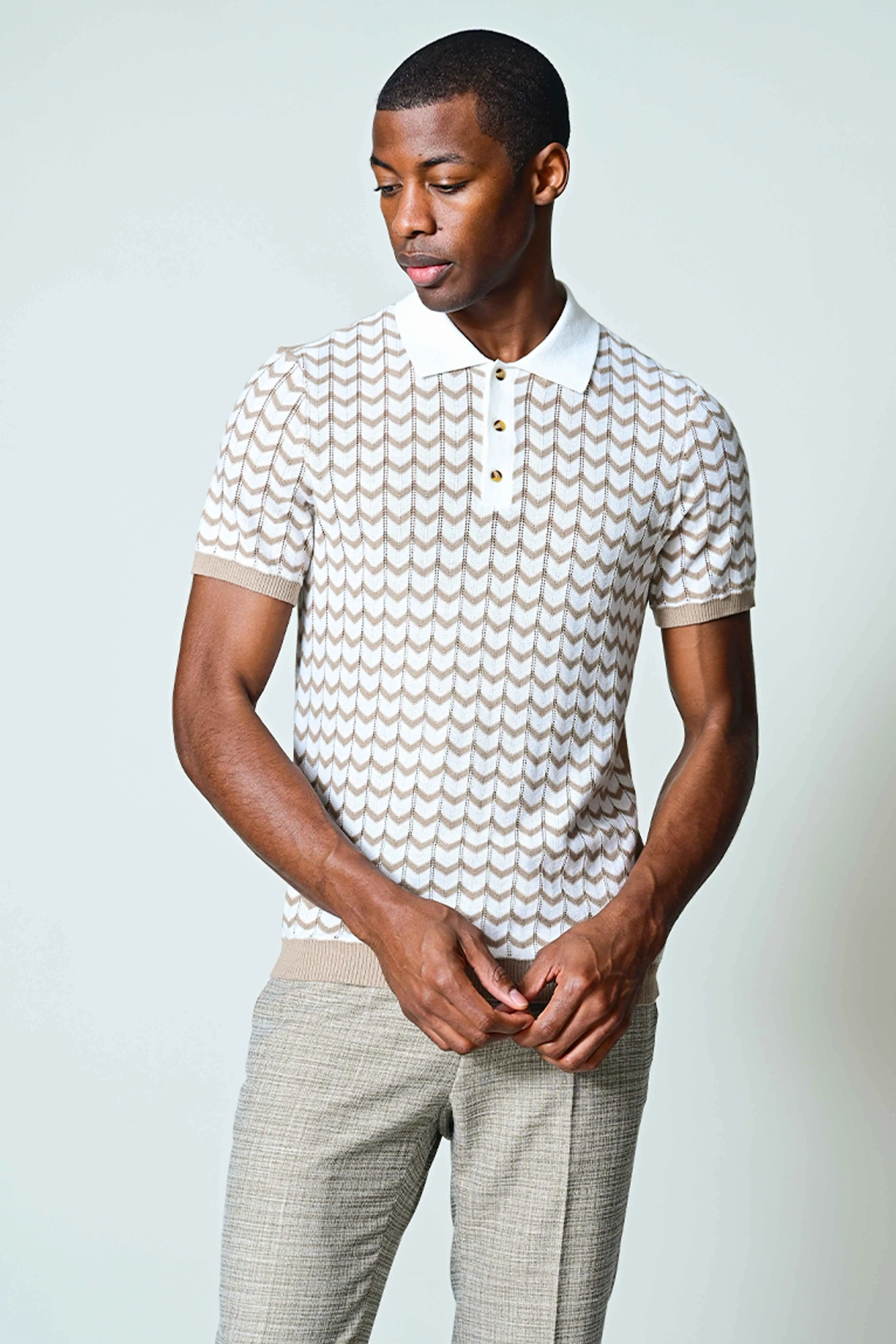 3 Button Chevron Polo - White & Tan Zig Zag