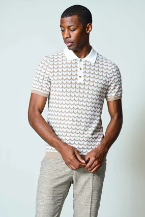 3 Button Chevron Polo - White & Tan Zig Zag