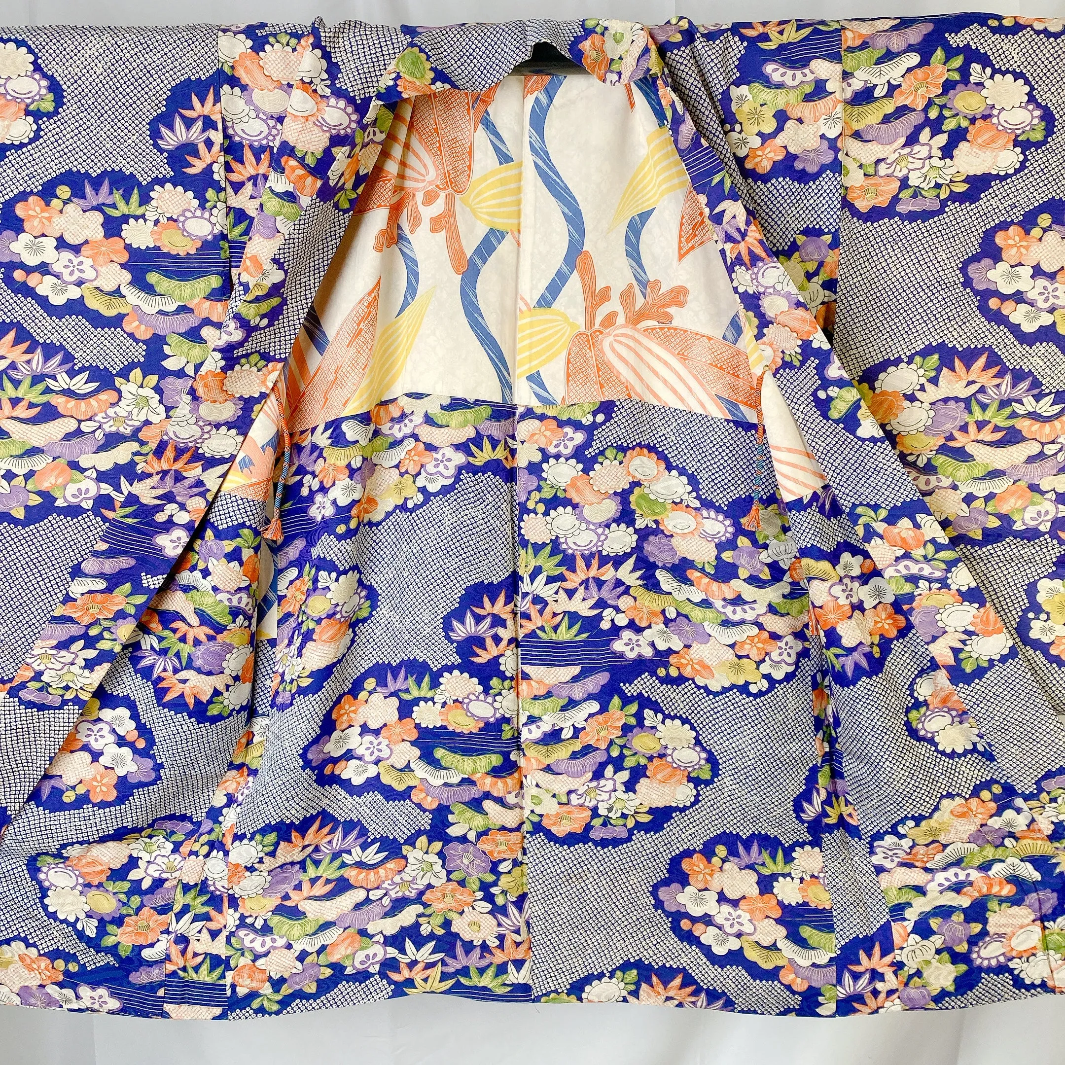 Blue Antique Haori, Floral, Japanese Kimono, Excellent, Cardigan, Women's Jacket, Silk Long outer, Versatile Layer, 羽織