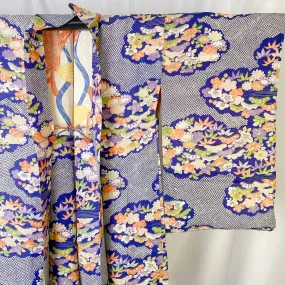 Blue Antique Haori, Floral, Japanese Kimono, Excellent, Cardigan, Women's Jacket, Silk Long outer, Versatile Layer, 羽織