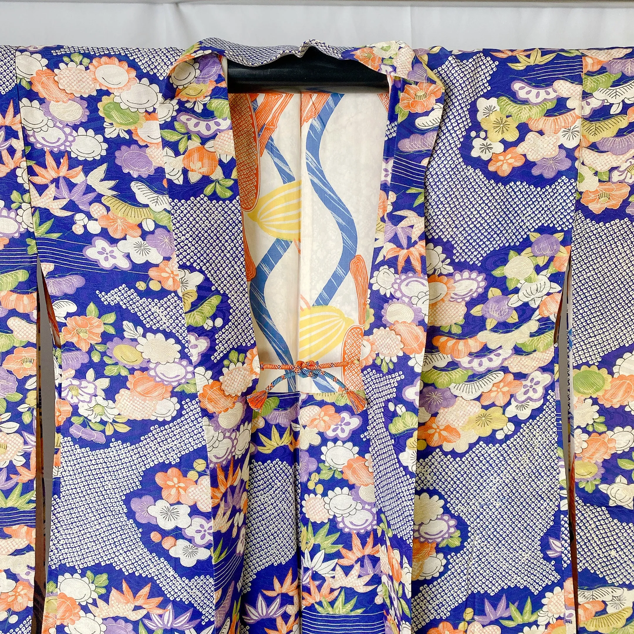 Blue Antique Haori, Floral, Japanese Kimono, Excellent, Cardigan, Women's Jacket, Silk Long outer, Versatile Layer, 羽織