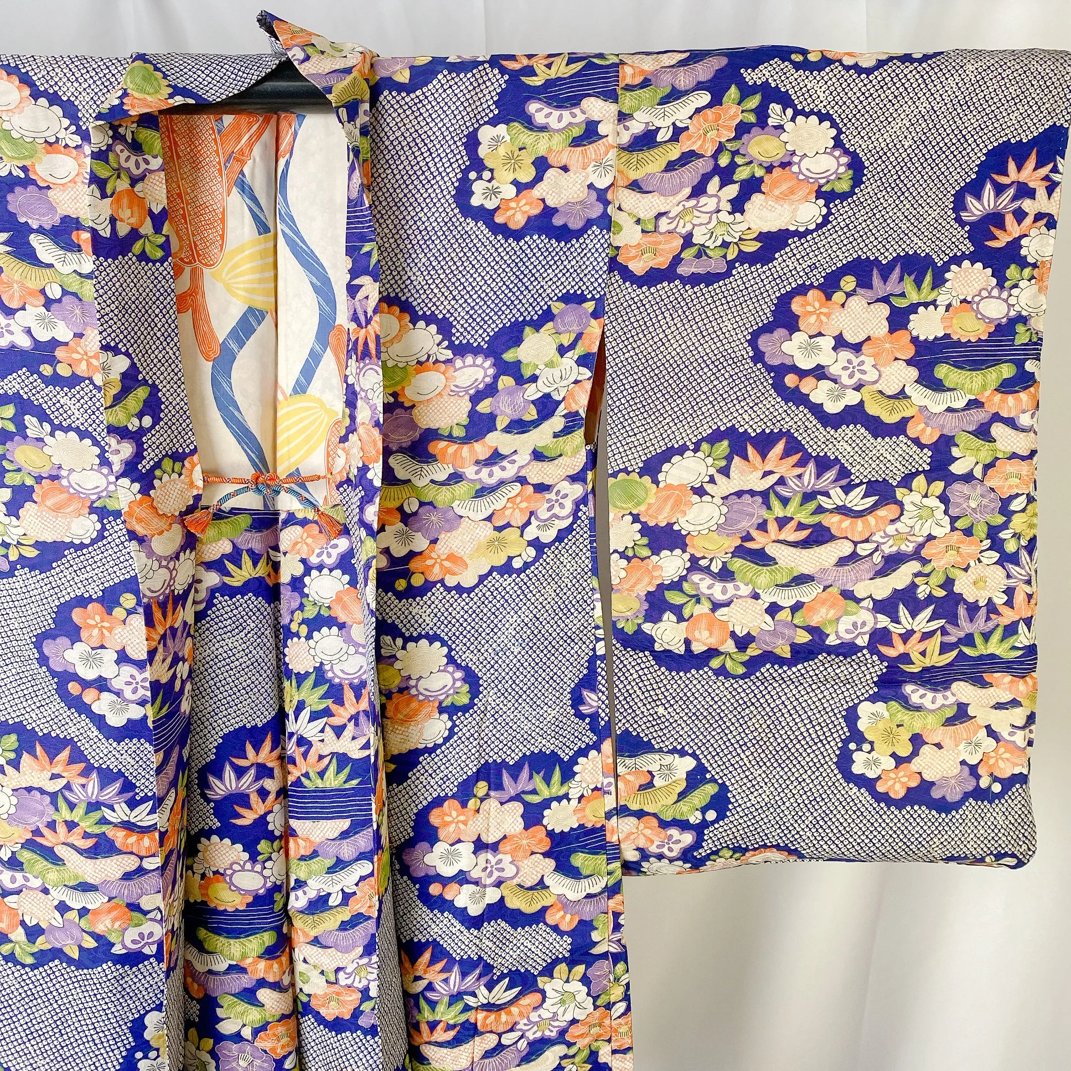 Blue Antique Haori, Floral, Japanese Kimono, Excellent, Cardigan, Women's Jacket, Silk Long outer, Versatile Layer, 羽織