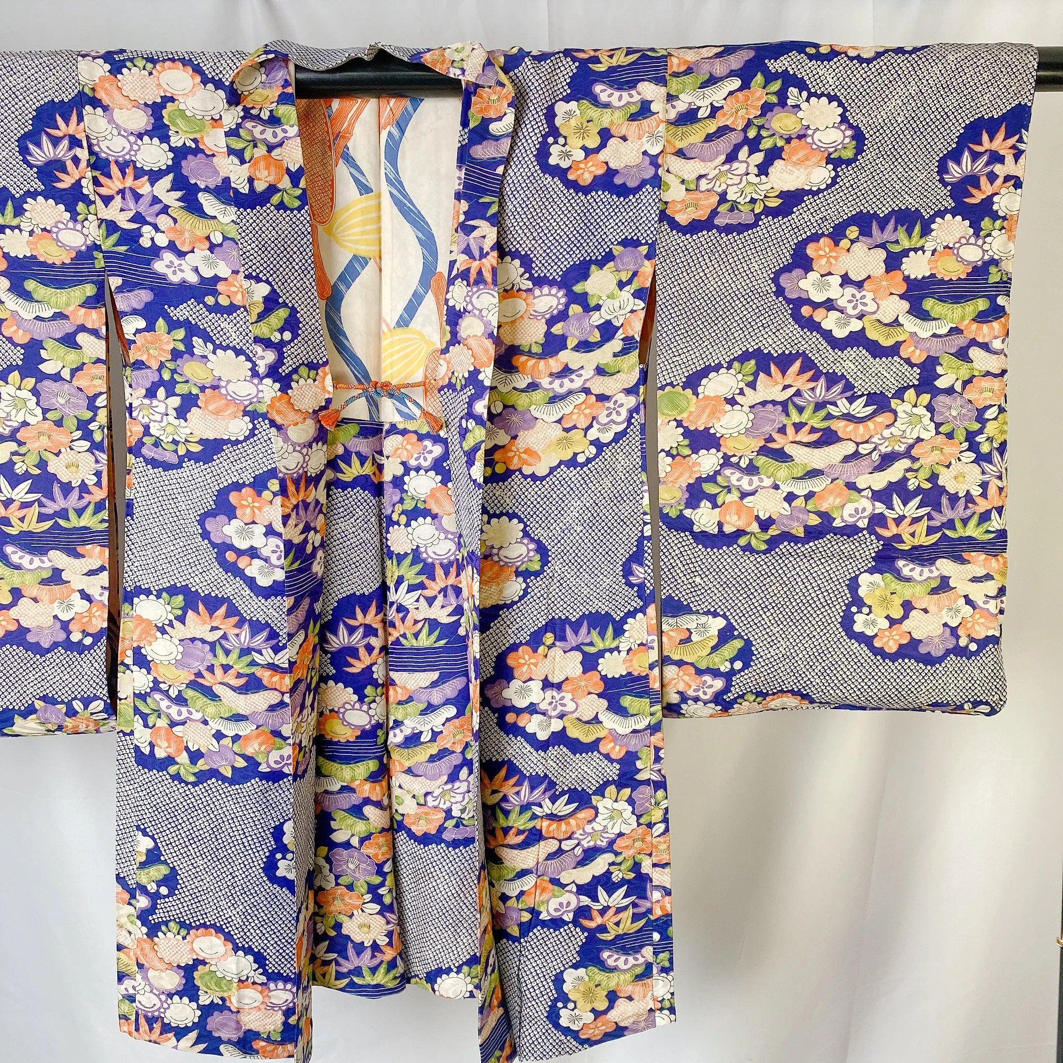 Blue Antique Haori, Floral, Japanese Kimono, Excellent, Cardigan, Women's Jacket, Silk Long outer, Versatile Layer, 羽織