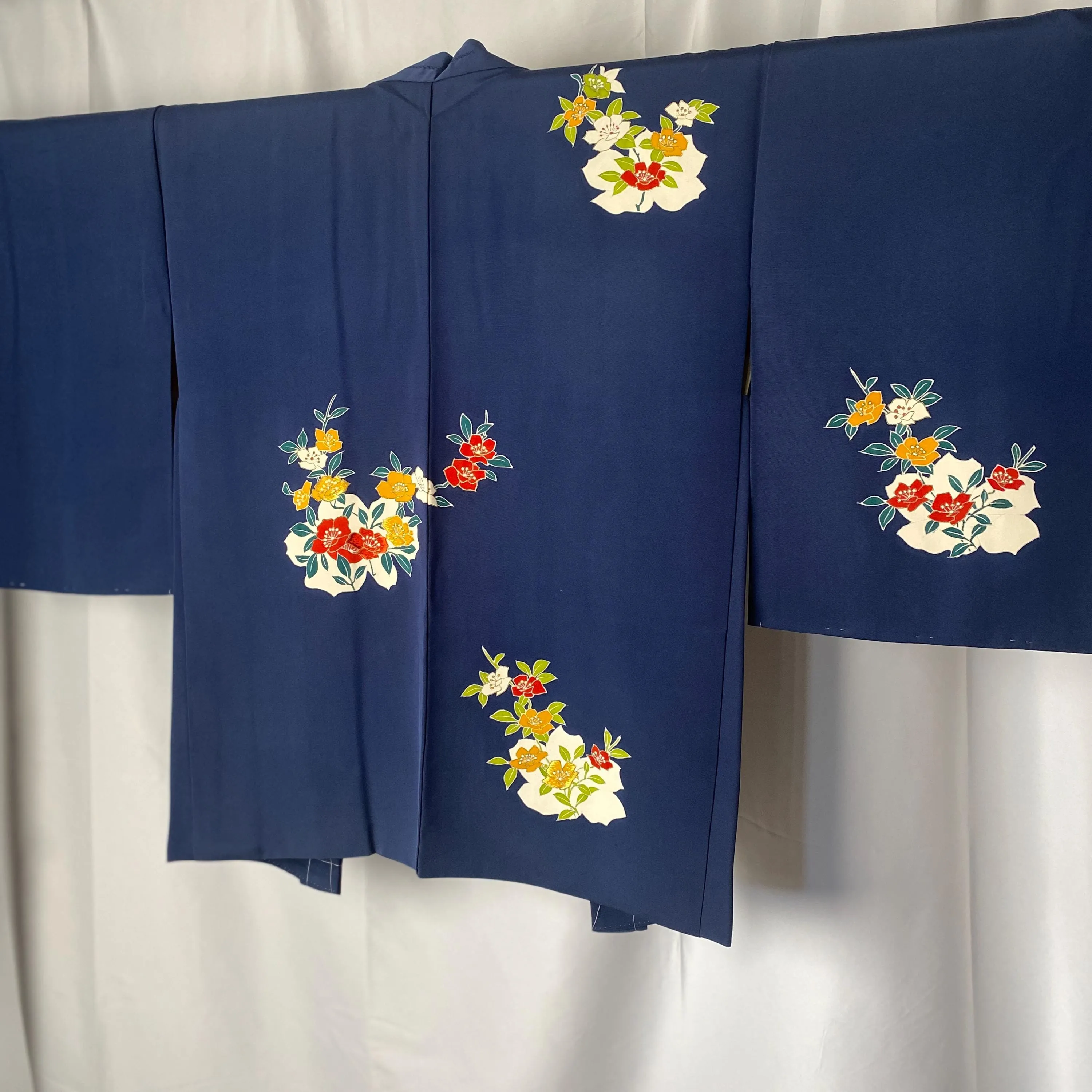 Blue Floral Haori, Japanese Kimono, Traditional, Excellent Condition, Cardigan, Women's Jacket, Silk Long outer, Casual Layer, Versatile-M