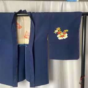 Blue Floral Haori, Japanese Kimono, Traditional, Excellent Condition, Cardigan, Women's Jacket, Silk Long outer, Casual Layer, Versatile-M
