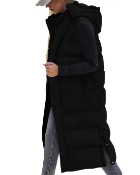 BTFBM Long Puffer Vest Women Quilted Hooded Button Down Zip Up Sleeveless Vests Outerwear Padded Jacket Winter Coat 2024(Black, Large)