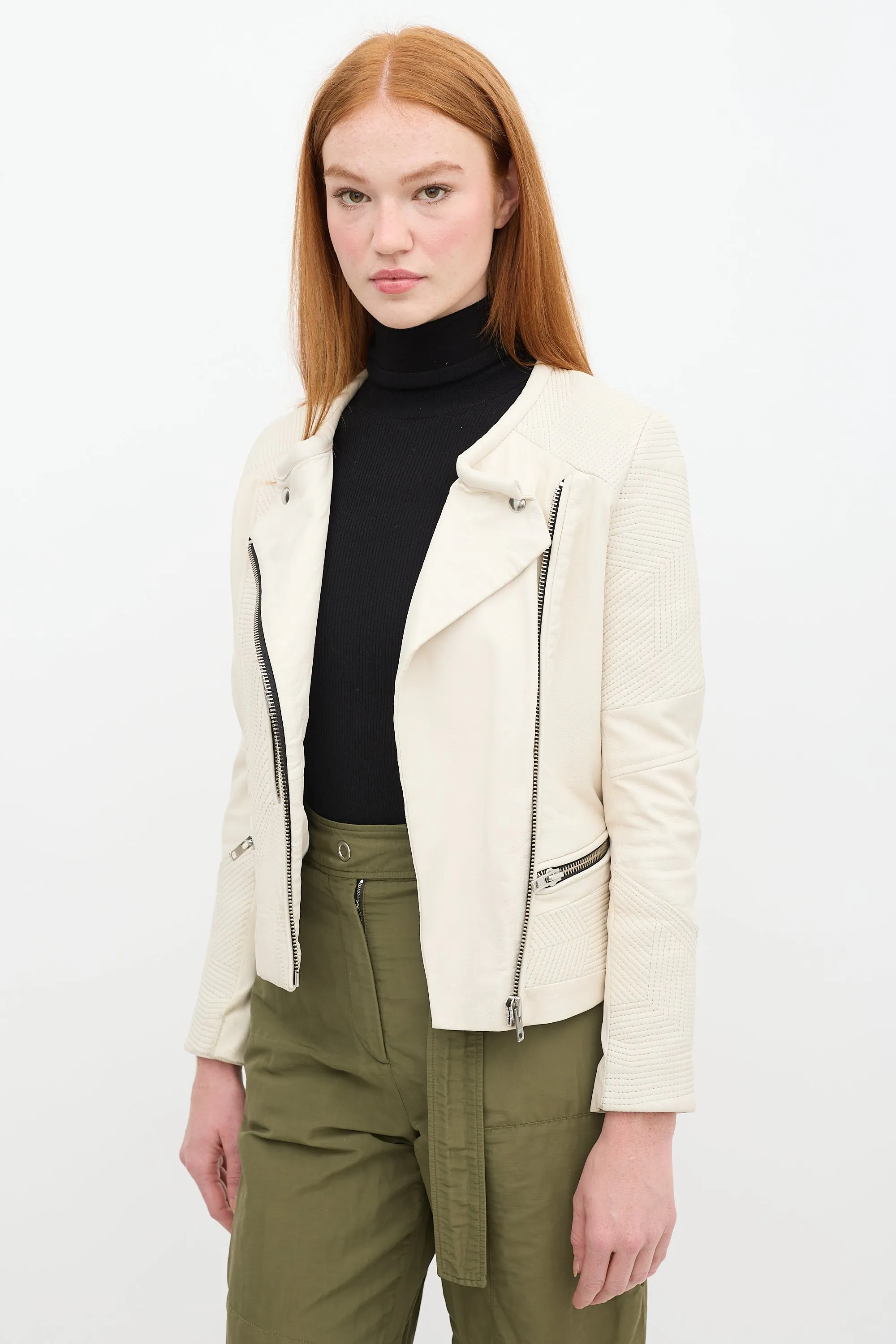 Cream Leather Moto Jacket