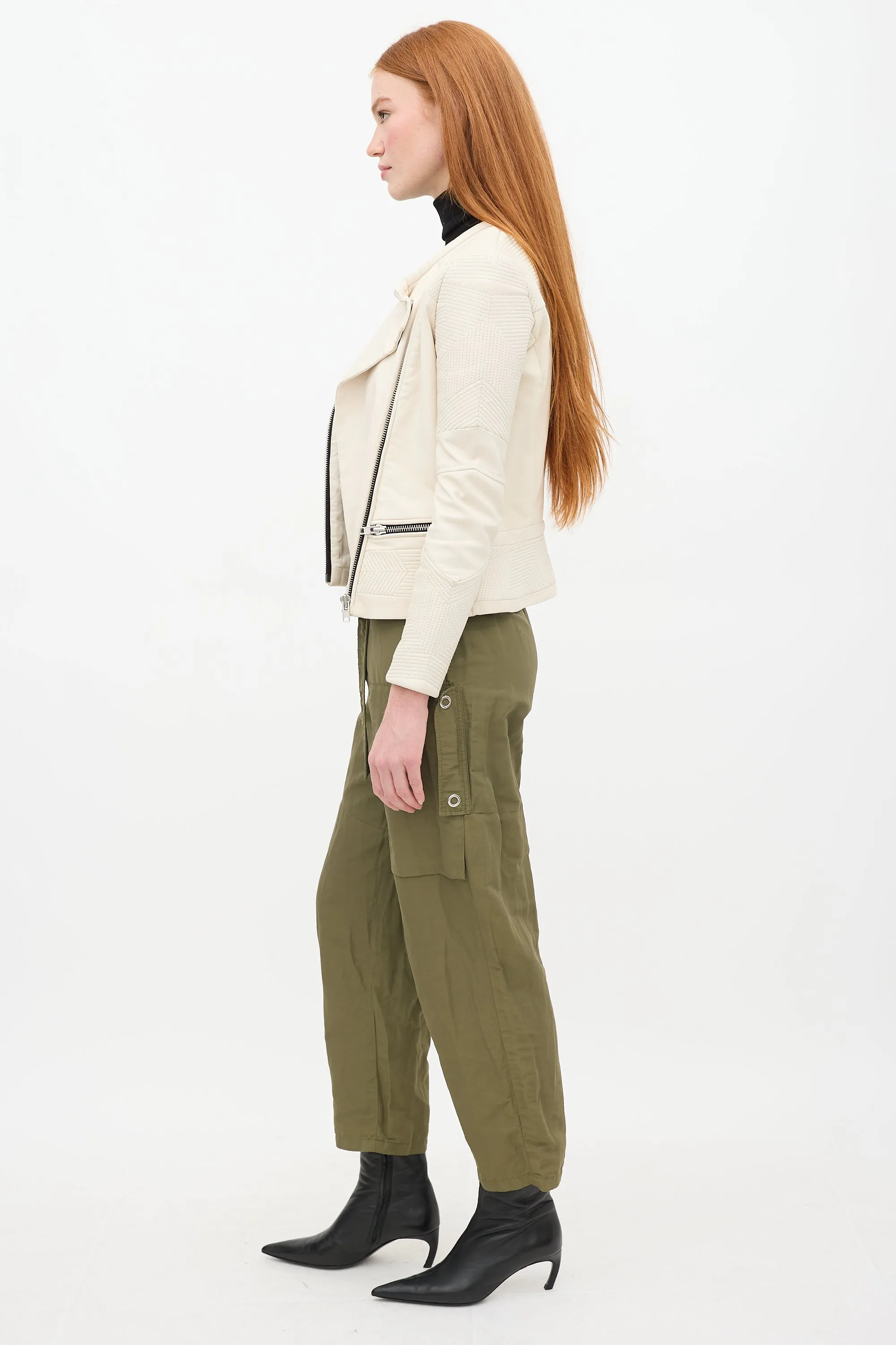 Cream Leather Moto Jacket