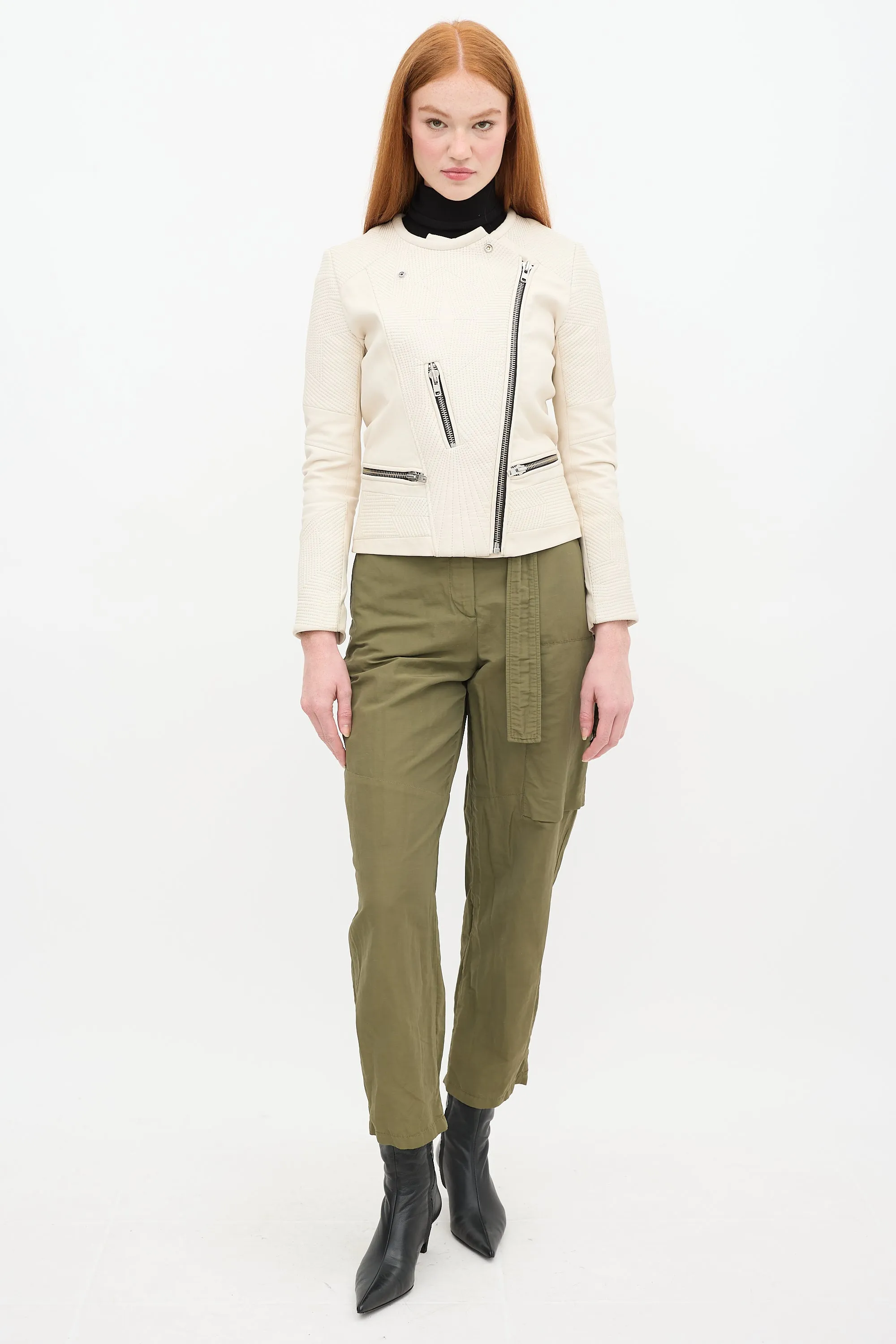 Cream Leather Moto Jacket