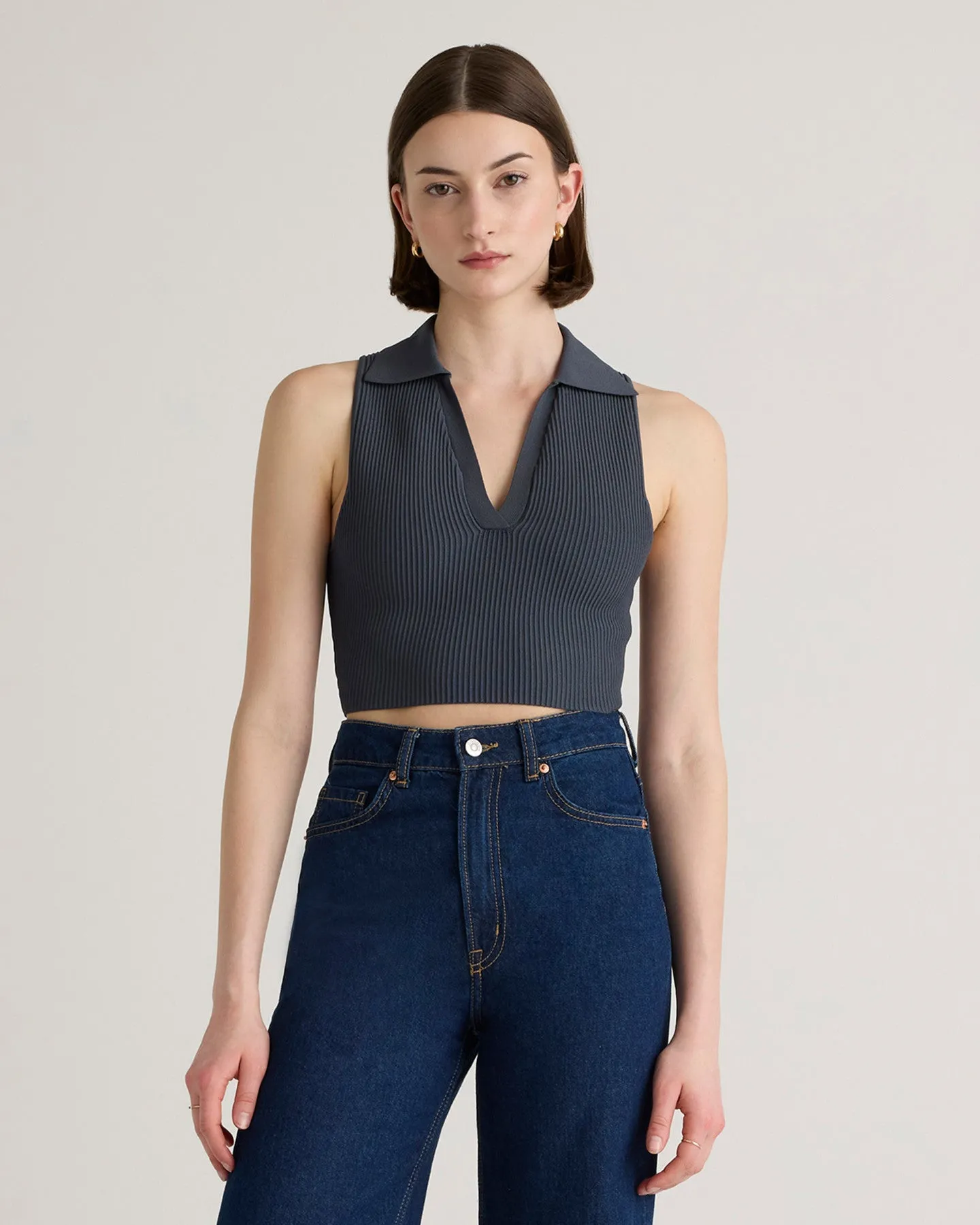 Cropped Polo Ribbed Knit Tank