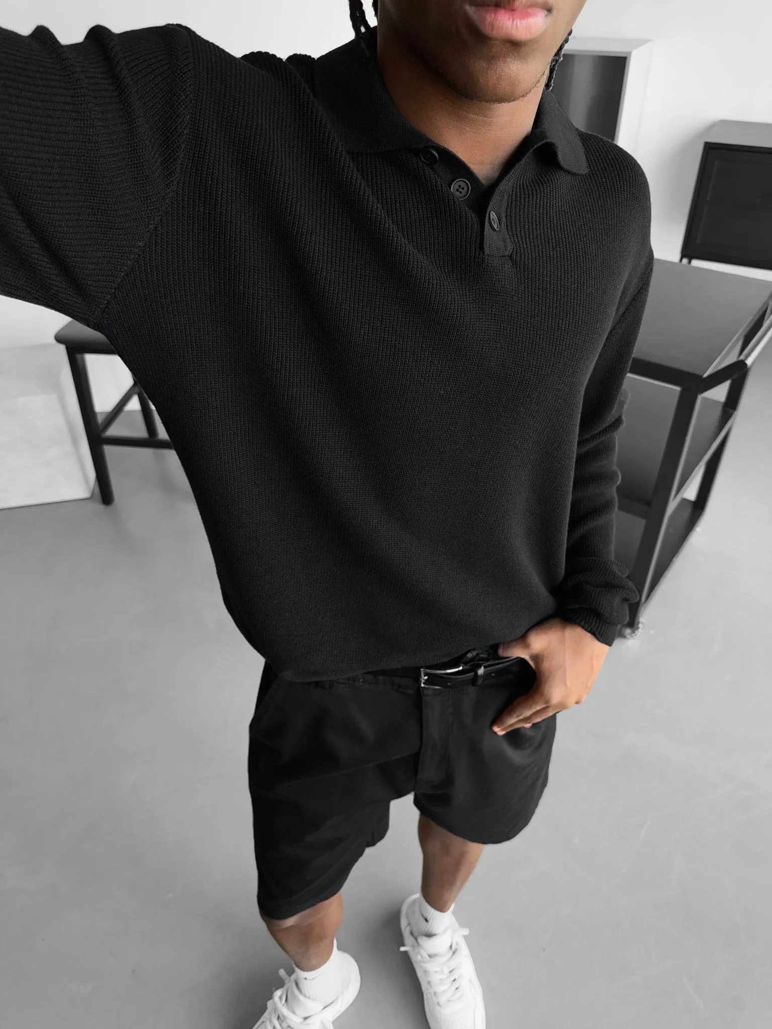 Loose Fit Knit Polo Sweater - Black