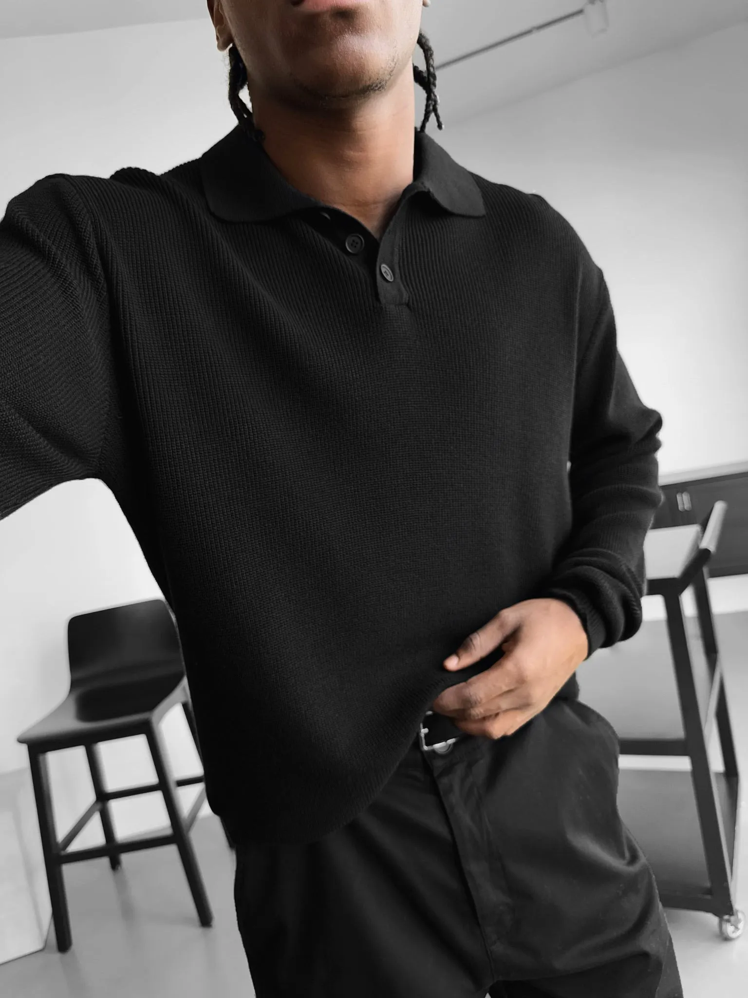 Loose Fit Knit Polo Sweater - Black