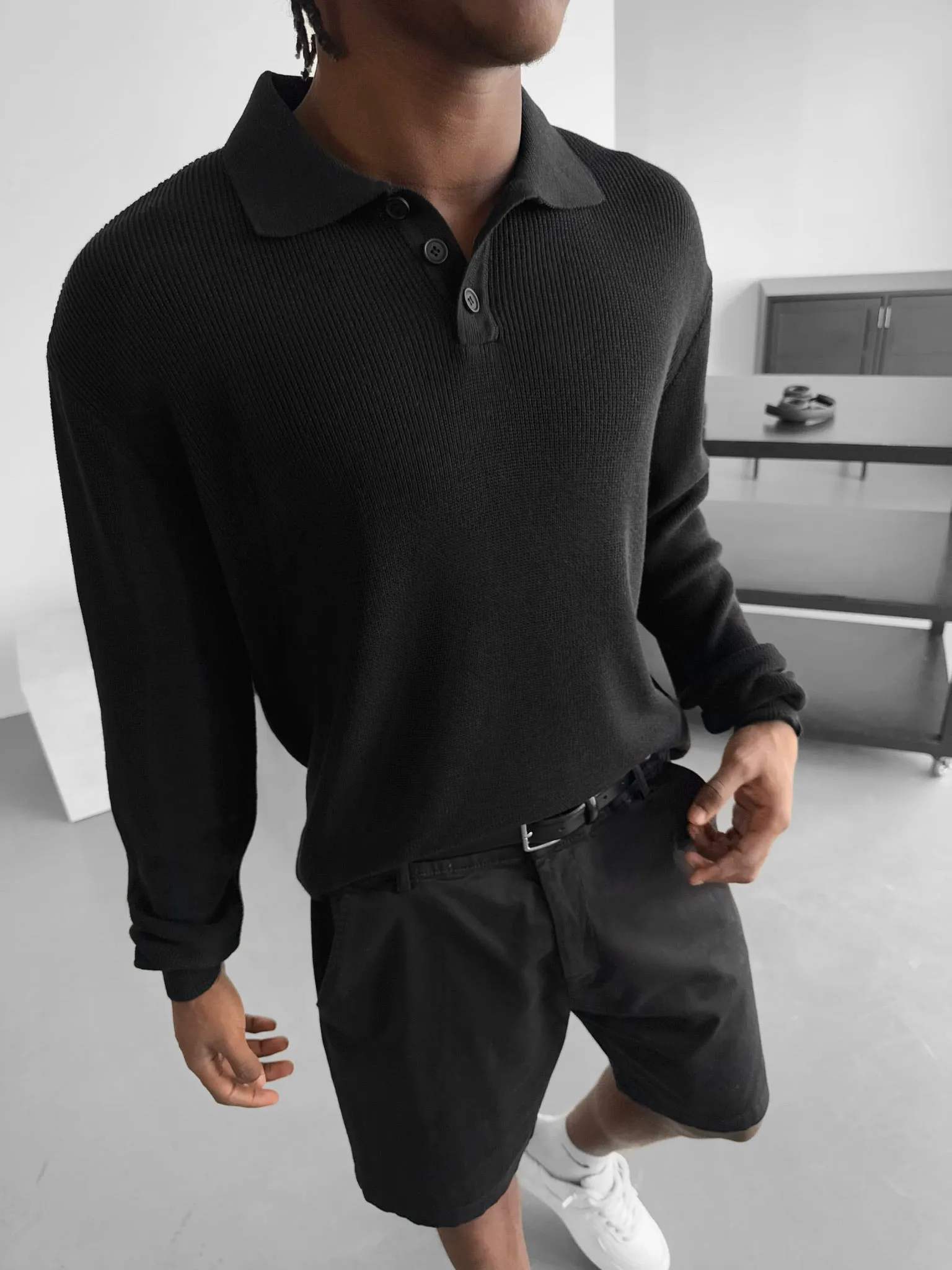 Loose Fit Knit Polo Sweater - Black