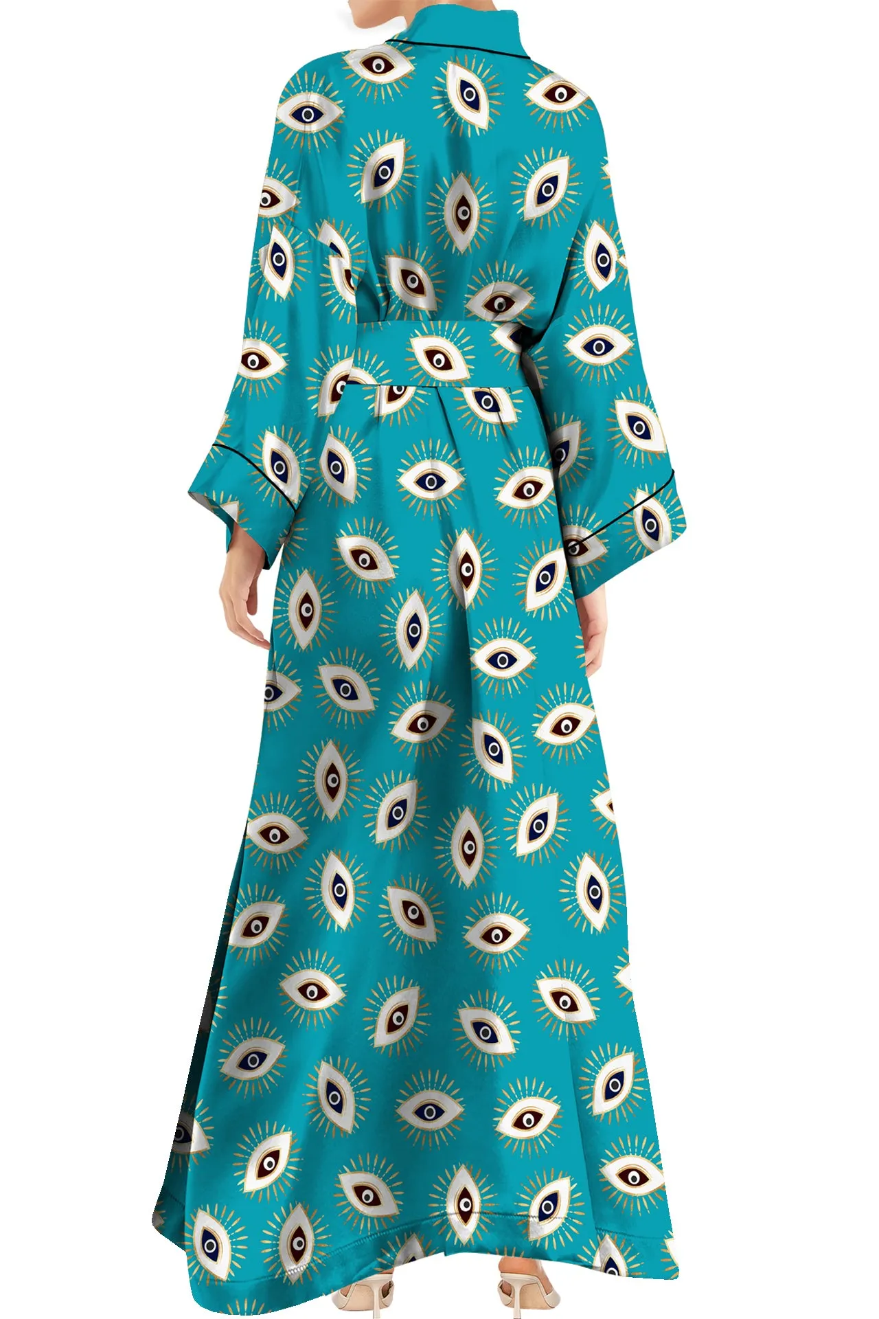Made with Vegan Silk Long Kimono Robe Dress in Evil Eye Aqua