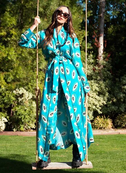 Made with Vegan Silk Long Kimono Robe Dress in Evil Eye Aqua