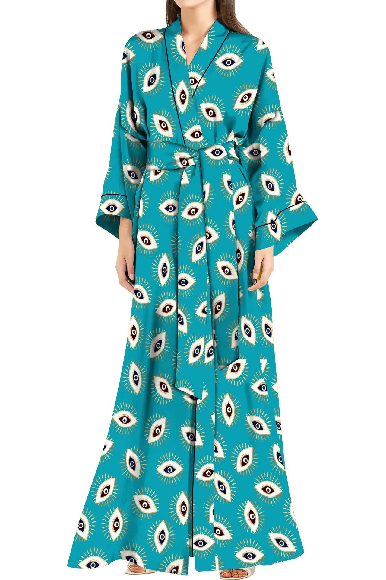 Made with Vegan Silk Long Kimono Robe Dress in Evil Eye Aqua
