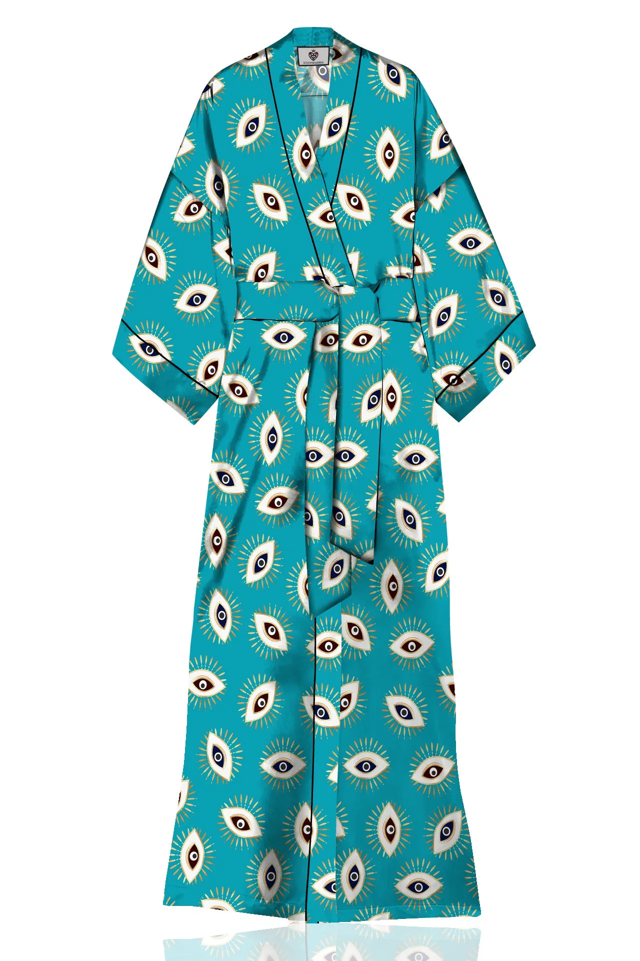 Made with Vegan Silk Long Kimono Robe Dress in Evil Eye Aqua