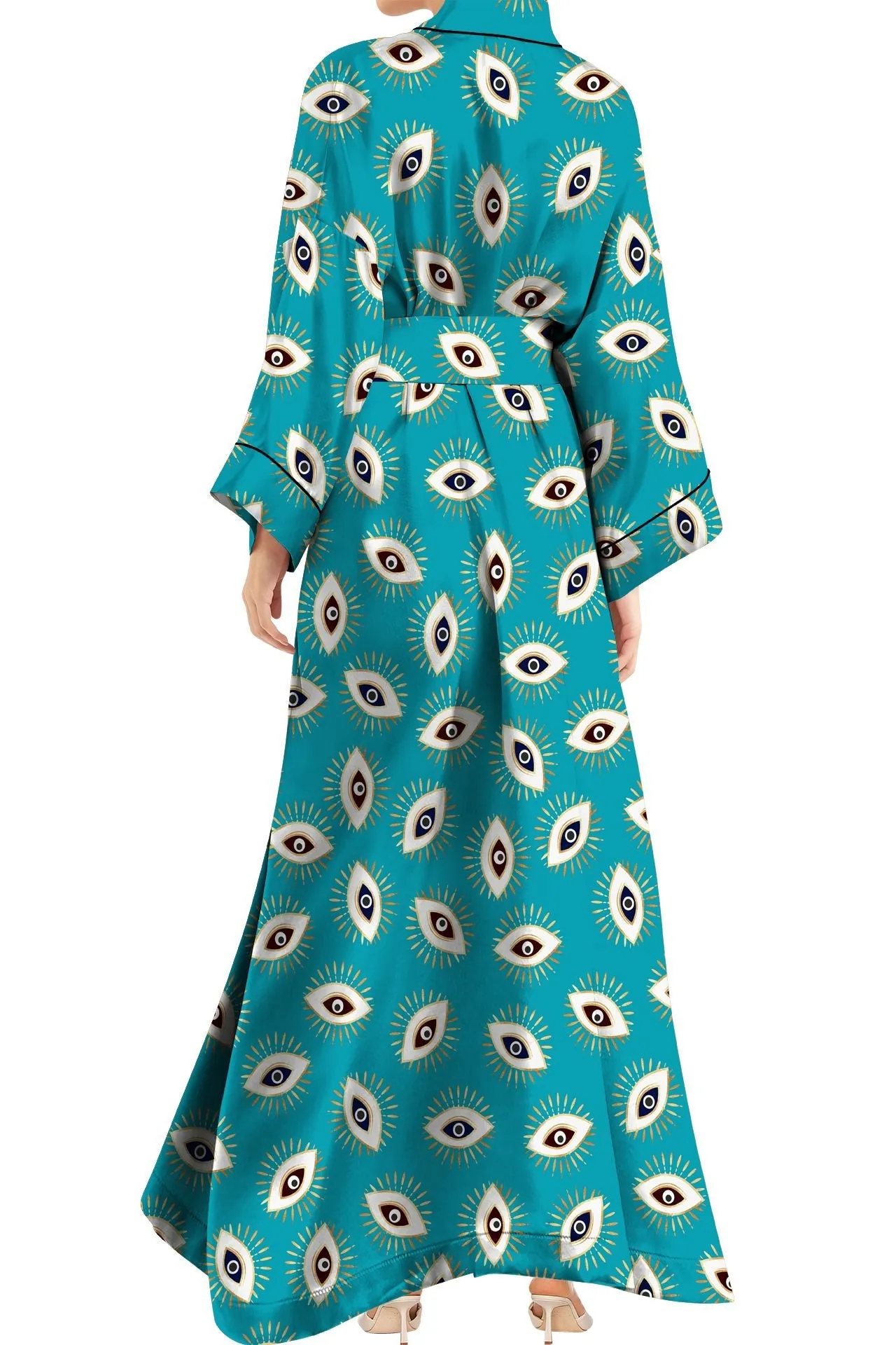 Made with Vegan Silk Long Kimono Robe Dress in Evil Eye Aqua