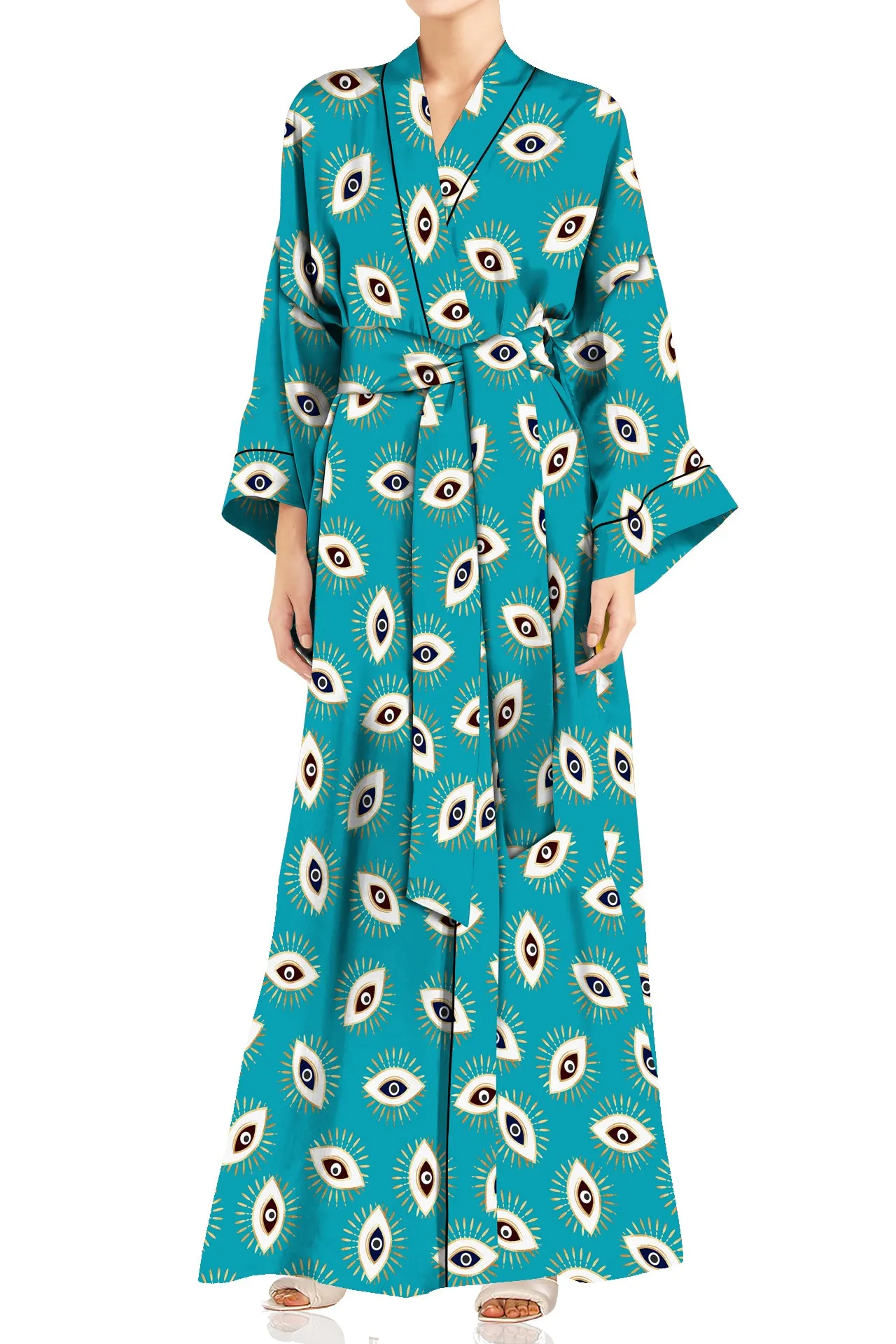 Made with Vegan Silk Long Kimono Robe Dress in Evil Eye Aqua