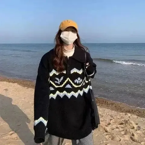 POLO collar sweater for women, thickened autumn and winter style, new ethnic style knitted bottoming sweater, worn alone y2k top