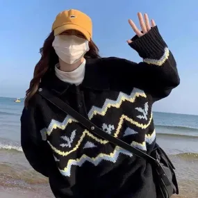 POLO collar sweater for women, thickened autumn and winter style, new ethnic style knitted bottoming sweater, worn alone y2k top