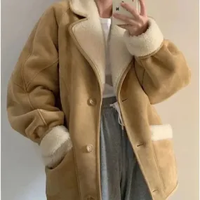 Territory  Vintage Suede Jacket for Women Warm Winter Mustang Jackets Fleece Casual Oversize Lamb Wool New Outwear Korean Fashion